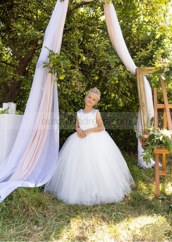 Ivory Flower Girl Dress With Blue 3D Flowers